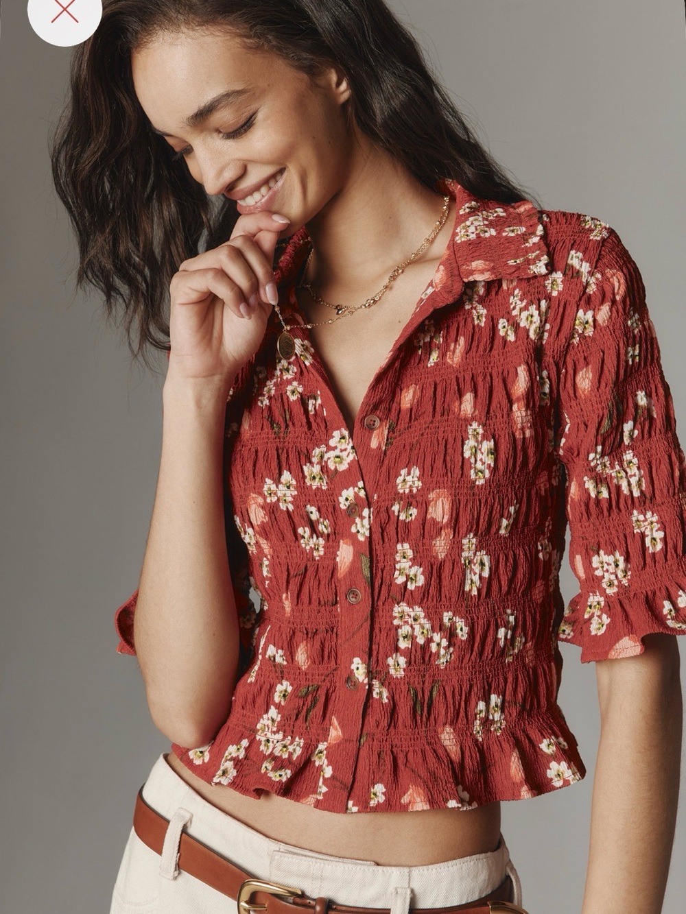 Maeve Rust Floral Smocked Button-Up Top